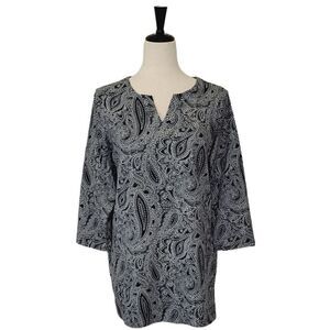 Craft & Barrow Navy Blue Paisley Split Neck 3/4 Sleeve Stretch Top Size L NWOT